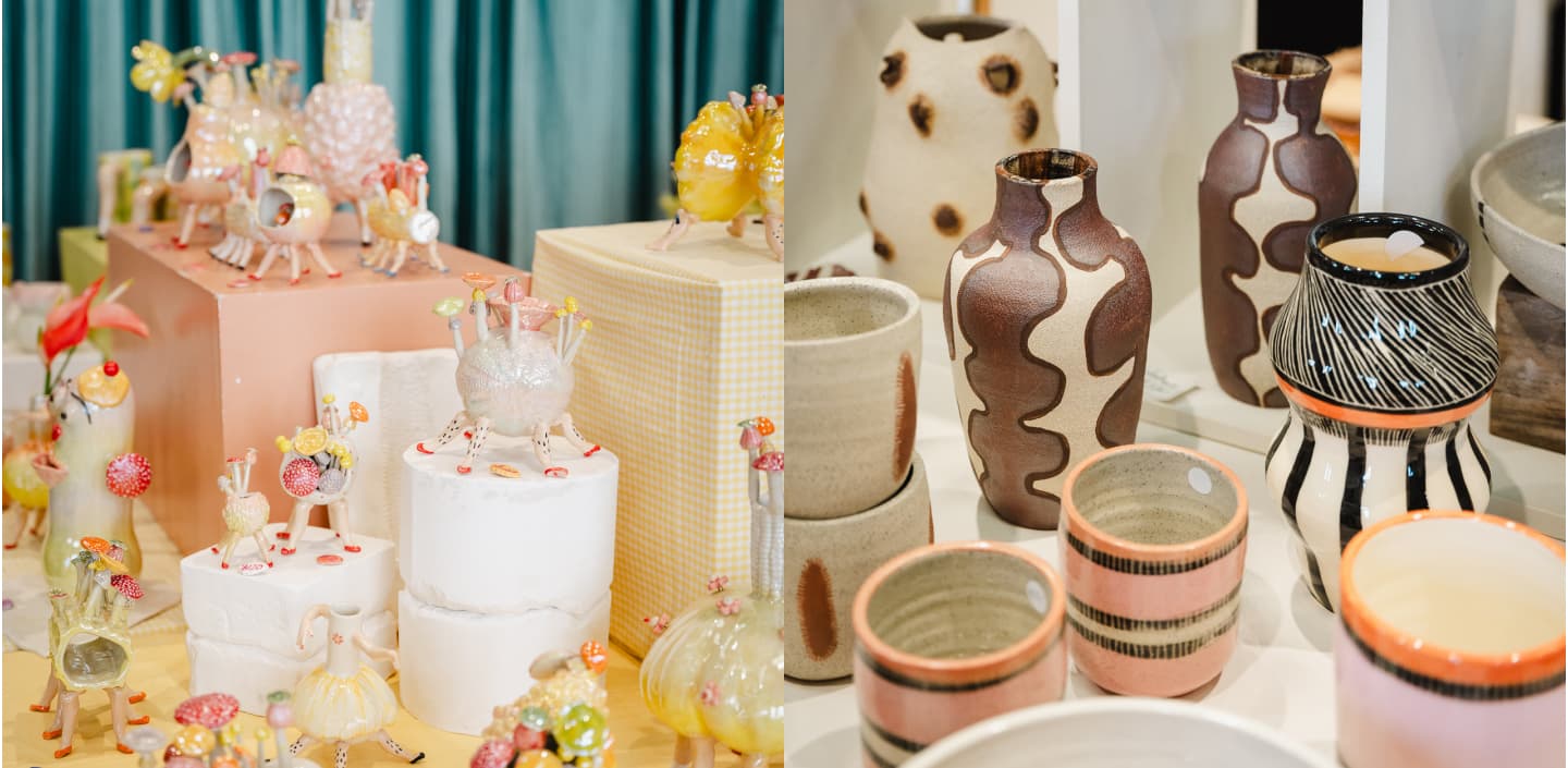 Sculptural ceramic works of Albatross Ceramic and ceramic vases with earthy hand-painted details by Trade The Markon display at Sydney Ceramics Market 2023, photos: Amy Piddington.